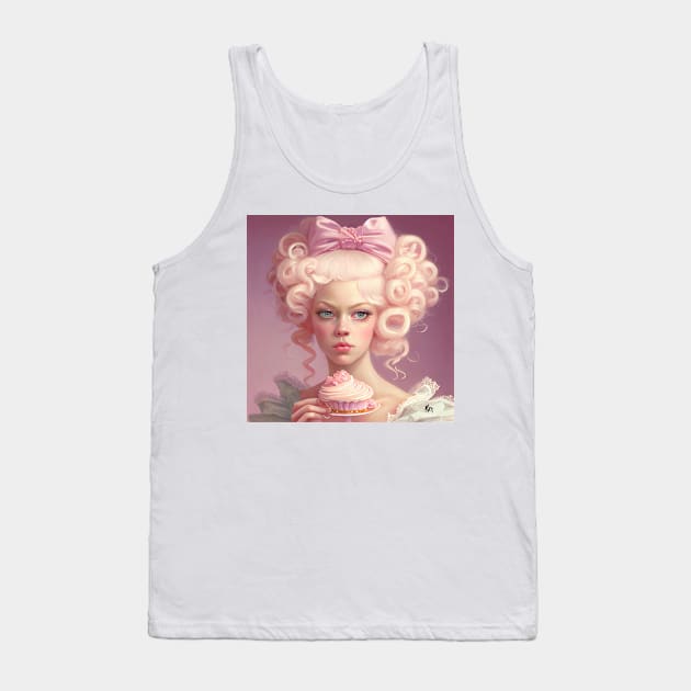 A young Marie Antoinette on pink with a sliding cupcake, Midjourney AI art Tank Top by KimTurner